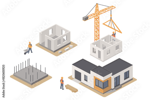Stages of modern house construction from foundation to finished building with workers and crane in isometric view