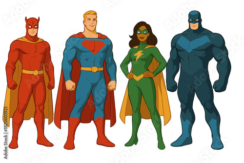 Diverse team of four superheroes standing in colorful costumes and flowing capes