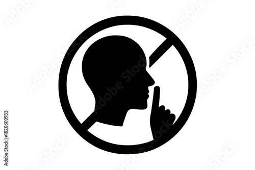 Universal prohibition symbol for silence featuring a human head silhouette profile