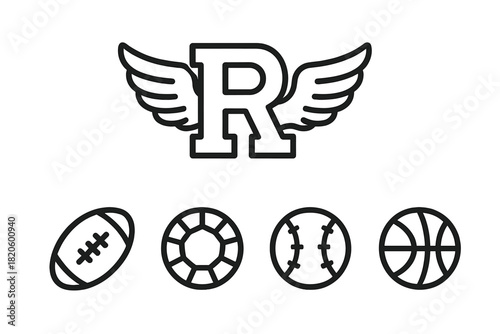 Winged letter R logo element combined with outline icons of popular sports balls