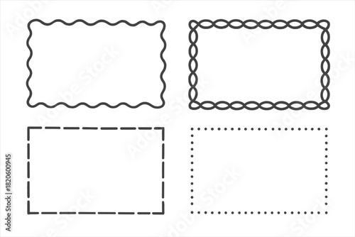 Four simple rectangular frames with various decorative border styles including wavy, dotted, and dashed lines