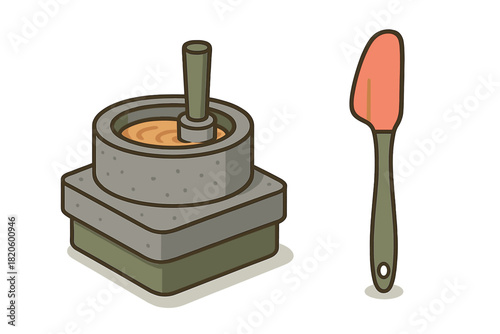 Traditional stone grinder and modern kitchen spatula set in an isometric view