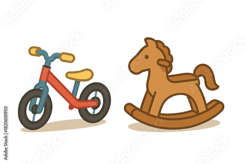 Colorful balance bike and classic wooden rocking horse toys for children's playtime