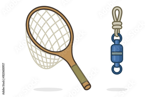 Essential fishing equipment set featuring a small handheld net and a durable metal swivel attached to a rope knot