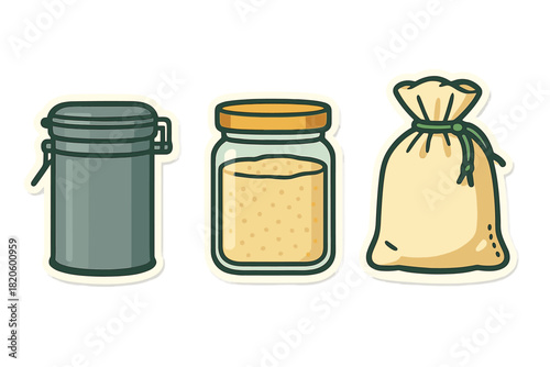 Kitchen storage containers set including metal canister, glass jar, and tied cloth sack
