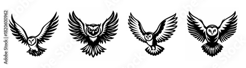 Four distinct graphic styles of owls in mid-flight showcasing detailed feathers and watchful eyes