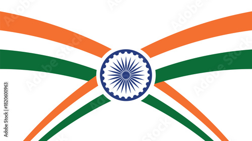 A stylized graphic of the Indian flag featuring curved tricolor bands intersecting at the central Ashoka Chakra.
