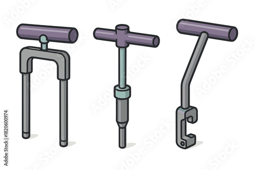 Isometric view of various T-handle tools for automotive maintenance and repair