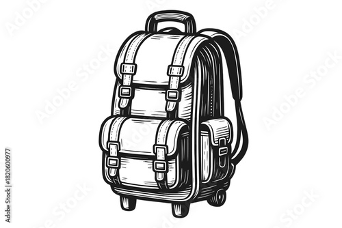Vintage style rolling backpack luggage with straps and buckles for travel and hiking adventures
