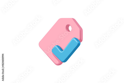 Pink volumetric price tag with blue checkmark isolated on white background