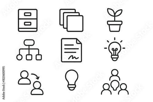 Collection of business organization icons representing ideas documents growth and teamwork