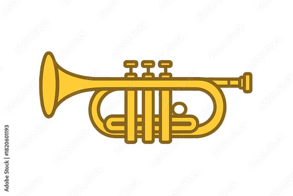 Obraz premium Simple golden brass trumpet wind instrument used in jazz and classical music