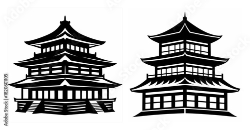 Two traditional asian pagodas stylized silhouette architecture design element art image