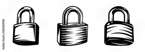 Three hand drawn padlock icons isolated security lock symbols for protection and access control concepts