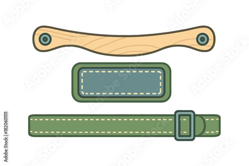 Set of outdoor gear components including a wooden handle, stitched patch, and green strap with a buckle