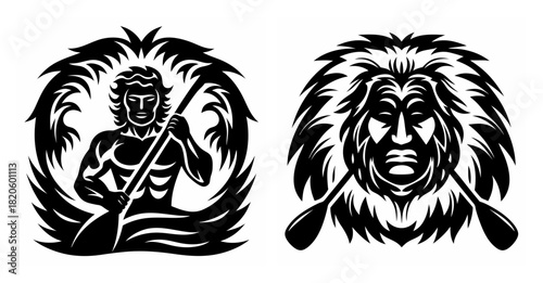 Stylized black and white paddler and tribal face with oars imagery for nautical and adventure themes