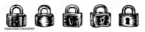 Collection of five vintage hand-drawn padlock icons representing security and protection for various conceptual uses