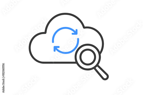 Simple line art symbol showing cloud storage search, data refresh, and continuous synchronization