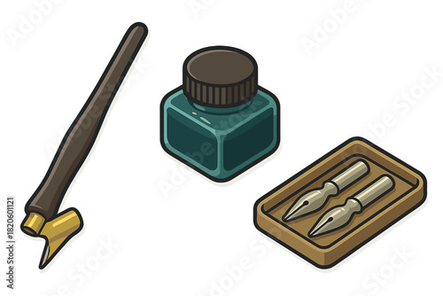 Classic calligraphy supplies featuring a wooden dip pen, teal ink bottle, and replacement nibs