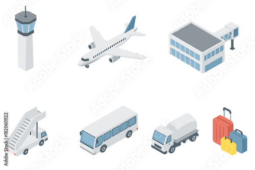 Modern isometric set of airport infrastructure, aircraft, ground support vehicles, and luggage