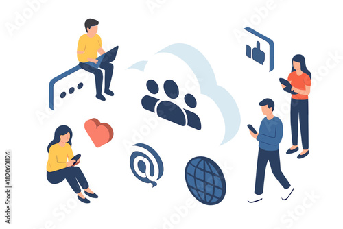 Isometric social media networking and cloud computing with people using digital devices