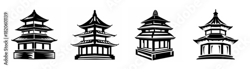 Four traditional asian pagodas architectural designs sketch style cultural landmarks collection