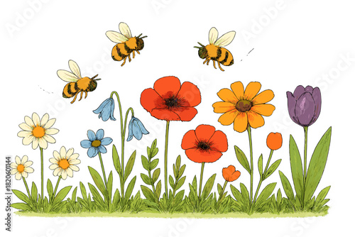 Vibrant garden flowers blooming in a row with busy bees collecting pollen