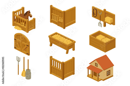Isometric farm stable and ranch elements with wooden structures and tools