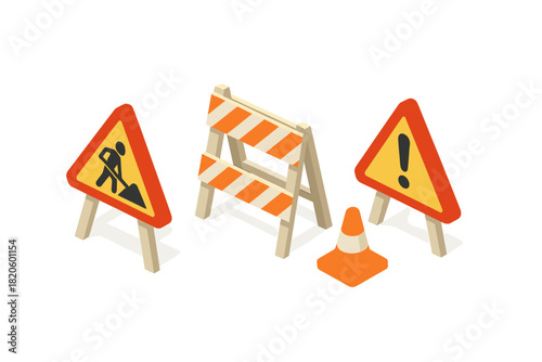 Isometric set of road construction and warning signs including barrier, traffic cone, and caution symbols