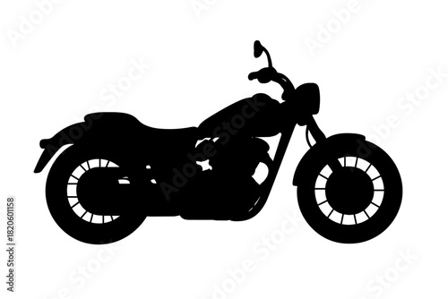 Solid black silhouette of a classic vintage cruiser motorcycle isolated on a white background