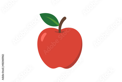 Single ripe red fruit with green leaf and brown stem isolated on white background