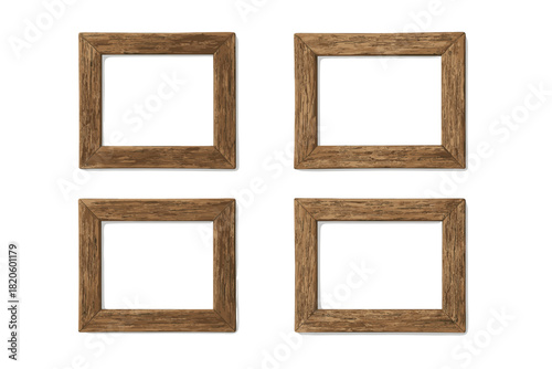 Four square wooden picture frames arranged in a grid pattern on a white background