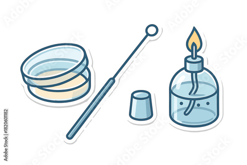 Essential microbiology laboratory tools: Petri dish, inoculation loop, alcohol burner