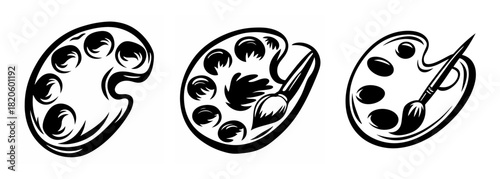 Artist's paint palettes collection featuring empty and used wells and a brush sketch style