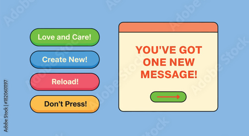 Cartoon notification message with buttons love care and reload