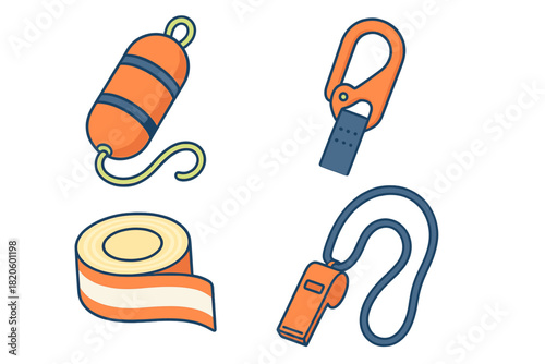 Essential safety and rescue equipment featuring a life buoy, carabiner clip, tape roll, and whistle