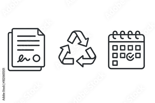 Essential business icons set featuring contract document, recycling symbol, and marked calendar date