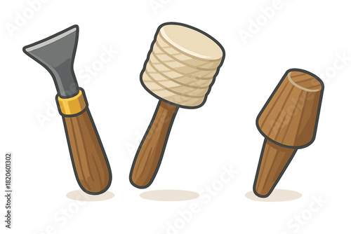 Collection of professional carving tools featuring a chisel and two different mallets