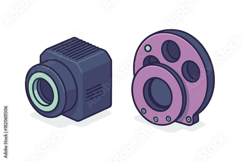 Modern security camera module and classic cinema film reel isometric icon set