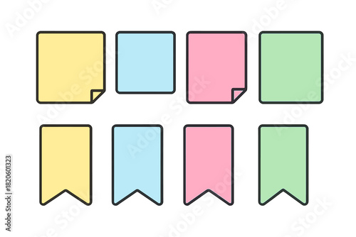 Colorful sticky notes and ribbon banners set for reminders and important messages