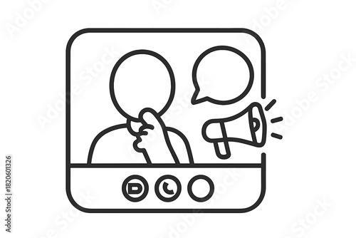 Person making an announcement with a megaphone on a digital video screen interface