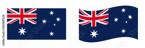 Vector set of the Australian national flag featuring both flat and waving designs, including the Union Jack, Commonwealth Star, and Southern Cross. Ideal for education, presentations, and patriotic pr