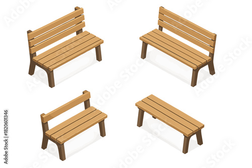 Four isometric wooden park benches and outdoor seating furniture isolated on white