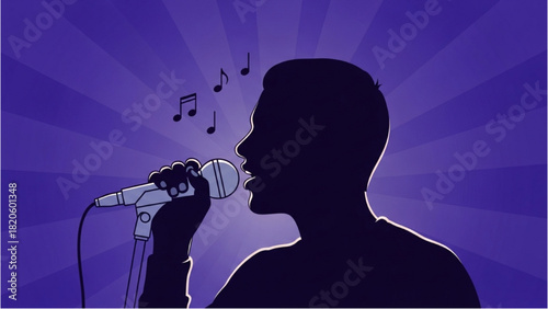 Silhouette of a Singer with Microphone and Musical Notes Against Purple Background
