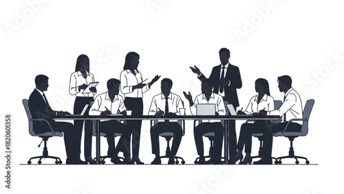 Silhouette illustration of a diverse business team in a conference room having a strategic meeting