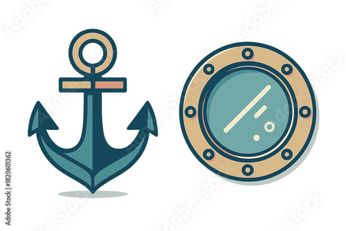 Classic ship anchor and round porthole window design for nautical themes