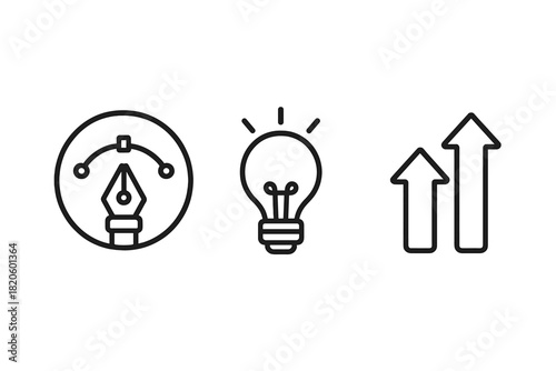Pen tool, idea light bulb, and upward growth arrows representing creative design process