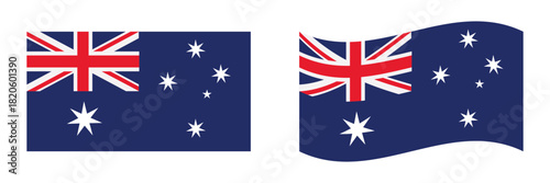 Vector set of the Australian national flag featuring both flat and waving designs, including the Union Jack, Commonwealth Star, and Southern Cross. Ideal for education, presentations, and patriotic pr