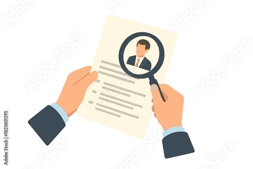 Professional hands examining a curriculum vitae with a magnifying glass for recruitment