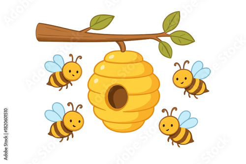Adorable honey bees buzzing near their hive suspended from a brown tree limb